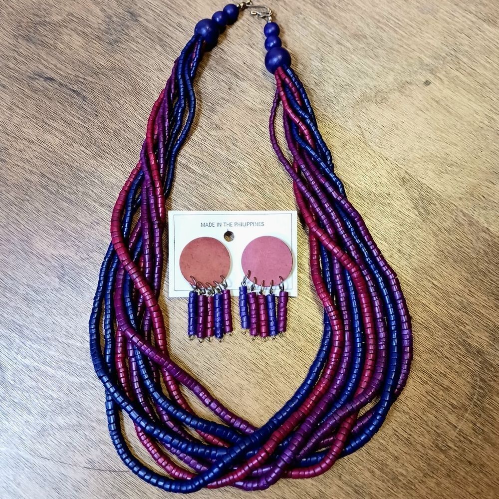 Long Wooden Bead Necklace Earring Set 8 Strands of Plum Royal Purple